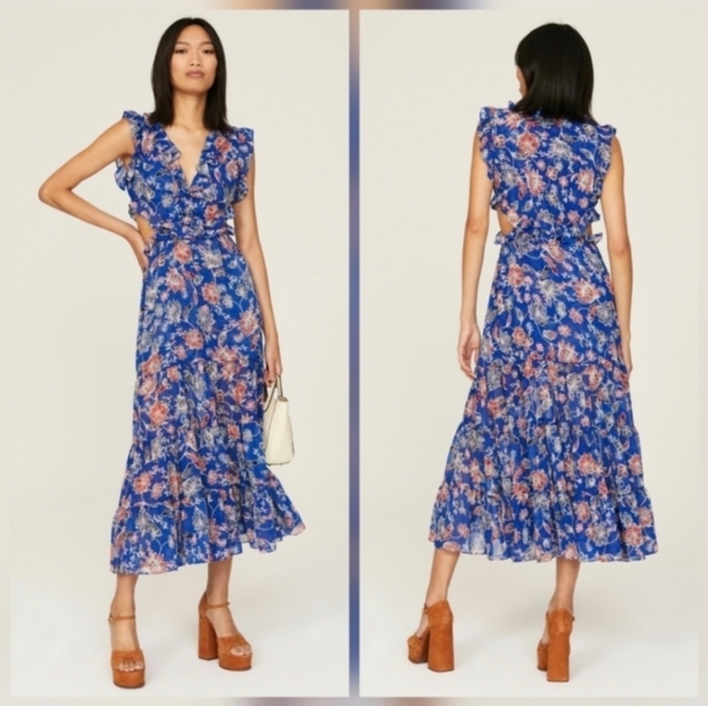 Misa Los Angeles Blue Floral Ruffle Midi Dress